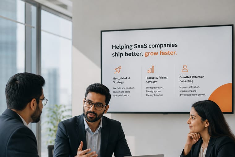 A product team reviewing go-to-market, pricing and retention plans in a meeting room