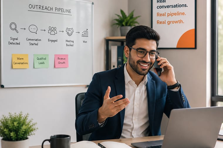 A salesperson on a call beside a whiteboard mapping an outreach pipeline from signal detected to won